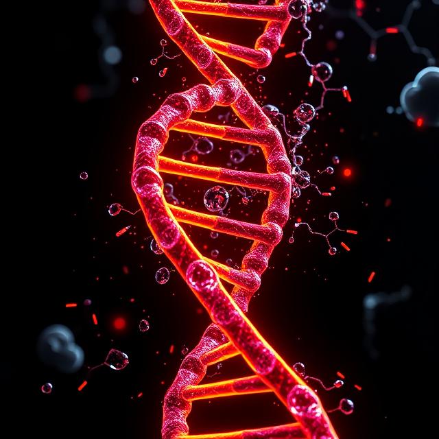 a strand of dna undergoing stress and having its water molecules extracted due to it experiencing autophagy