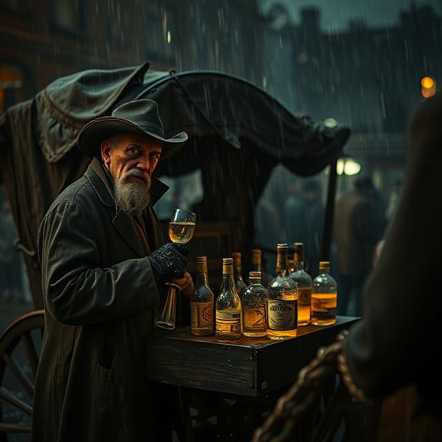 A man peddling snake-oil in the street as it rains