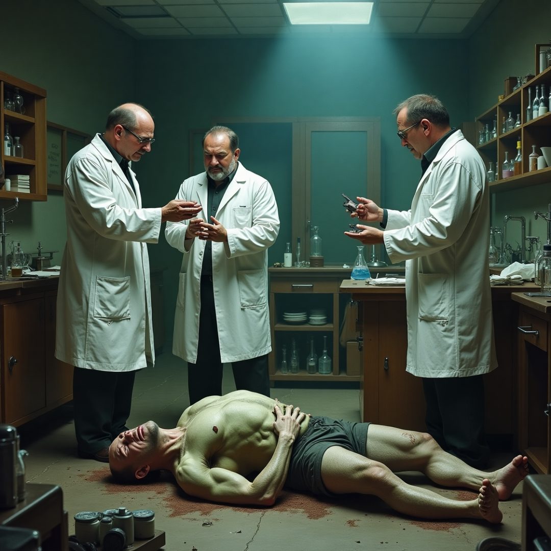 Bribed doctors standing over a poisoned body builder