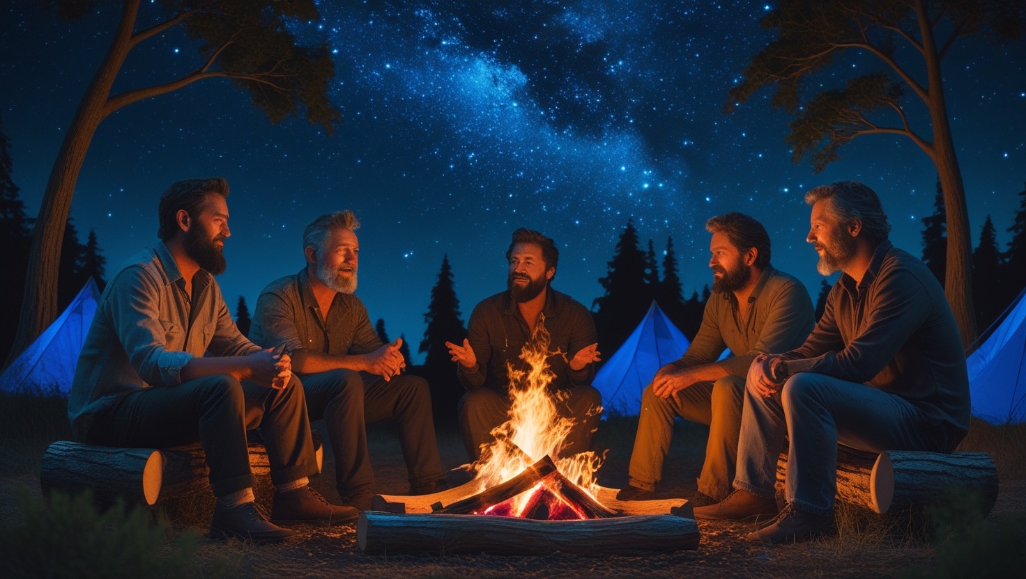 Some friends sitting around a campfire at a tent-site trading stories