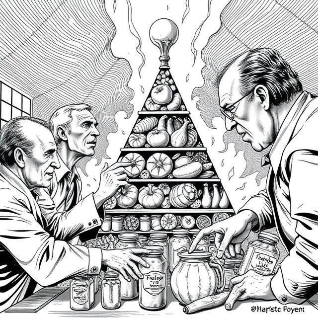 scientists deliberating over the contents of the food pyramid and its hierarchy