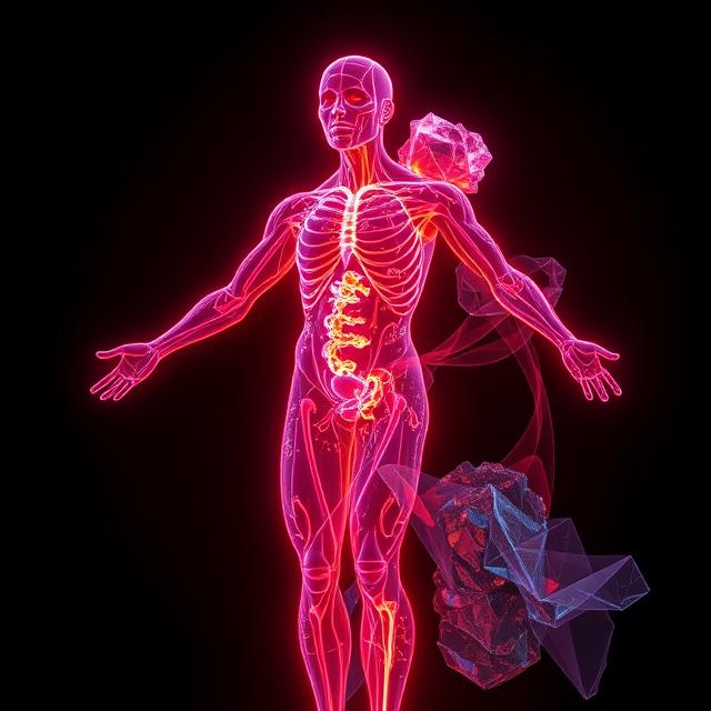A human being charged by the shapes of minerals that induce conductivity