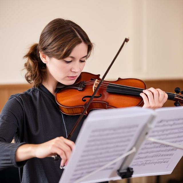 A woman playing a violin while reading sheet music, showing a type of multimodal learning