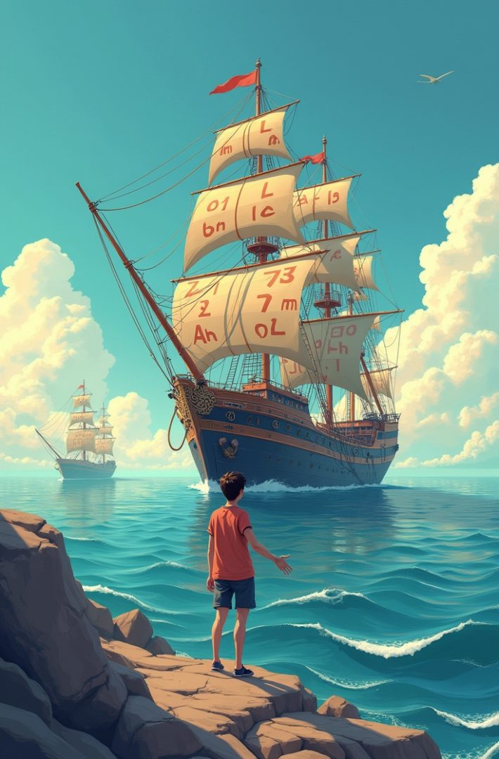 A person looking out at the horizon from a cliffs' edge at a ship whos sails are made of letters from various languages