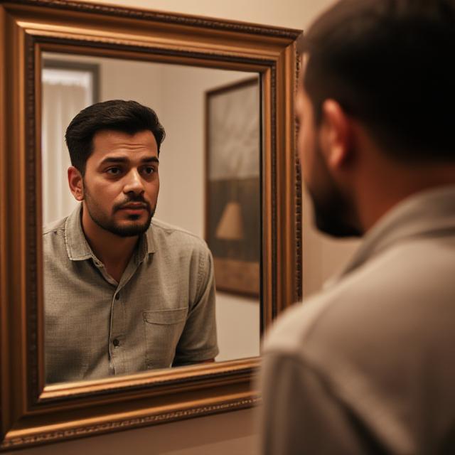 A person speaking with themselves in the mirror practicing self-explanation / meta-cognition