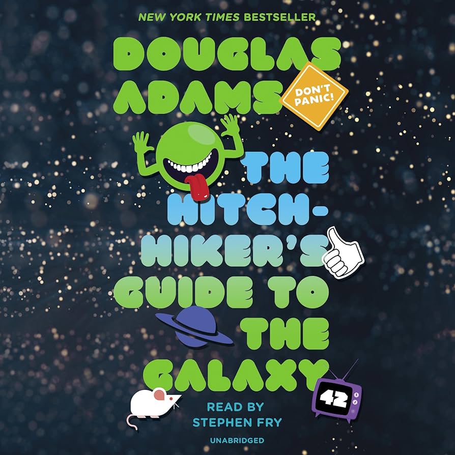 Book cover for "The Hitchhiker’s Guide to the Galaxy" by Douglas Adams