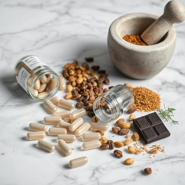 A table filled with different things like supplemeents in pill forms and chocolate, a mortar and pestle sits behind